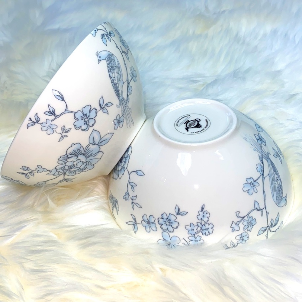 •two• {blue & white} FLORAL & BIRDS porcelain dessert bowls